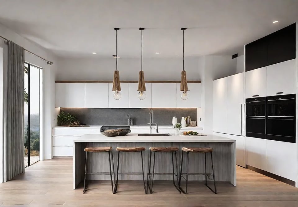 A modern farmhouse kitchen with sleek cabinetry undermount sink contemporary lighting andfeat