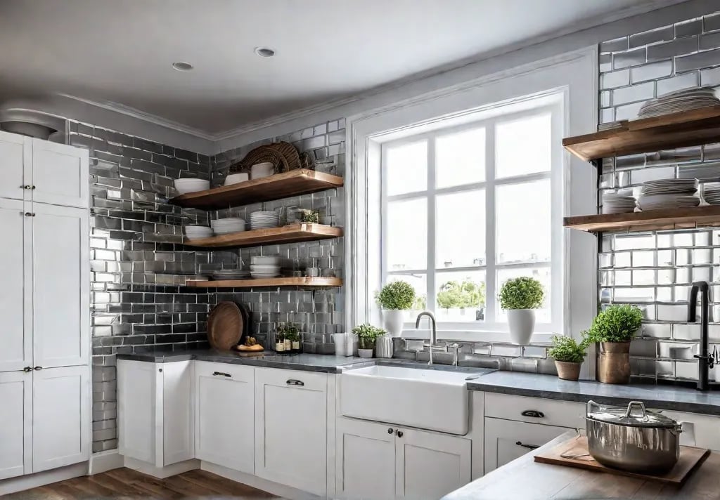 A small bright kitchen with metallic subway tile backsplash reflecting natural lightfeat