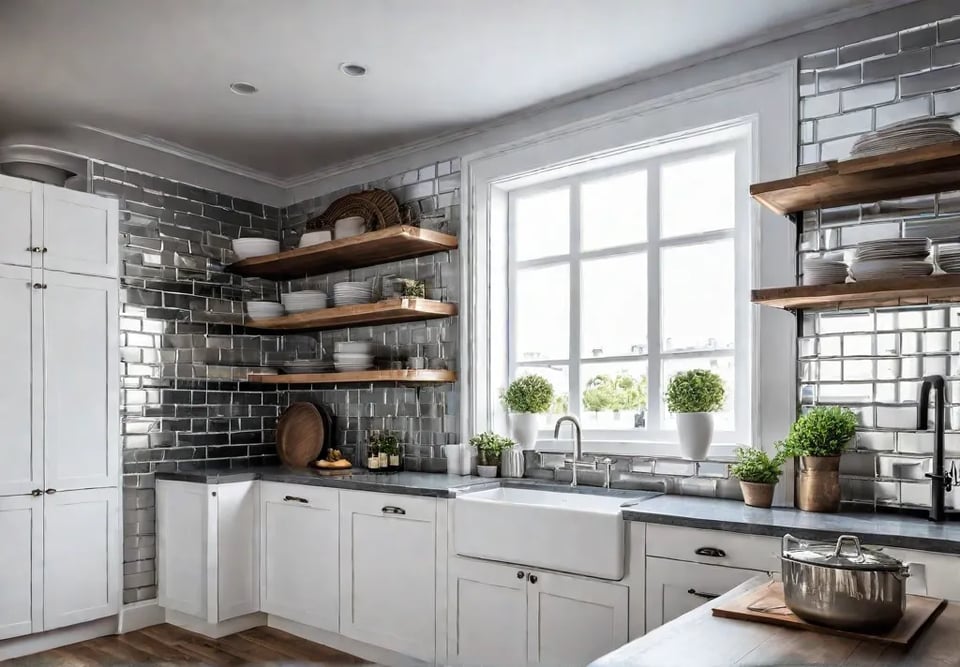 A small bright kitchen with metallic subway tile backsplash reflecting natural lightfeat