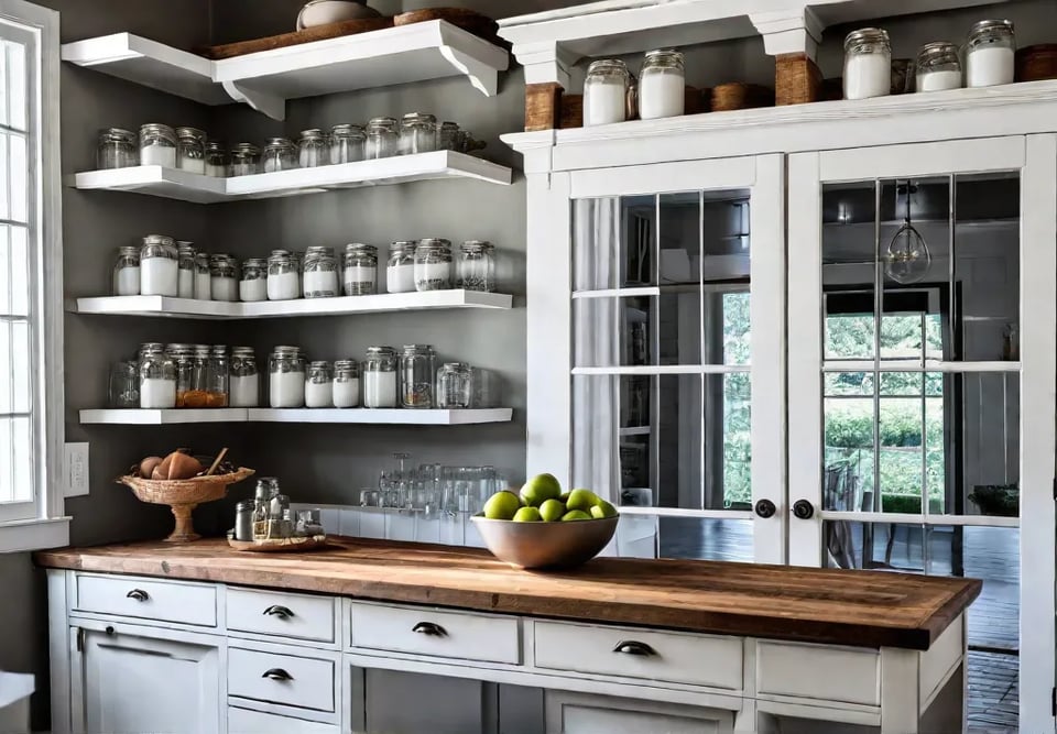 A sundrenched DIY farmhouse kitchen featuring open shelves made from reclaimed woodfeat