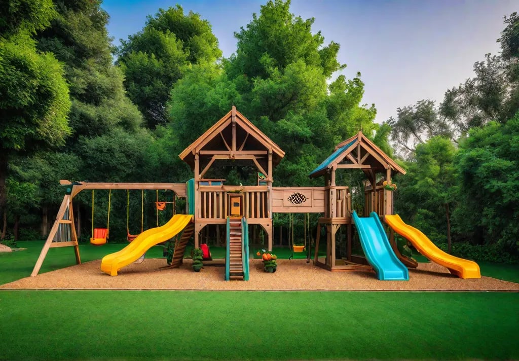 A whimsically designed backyard playground crafted from natural and sustainable materials featuringfeat