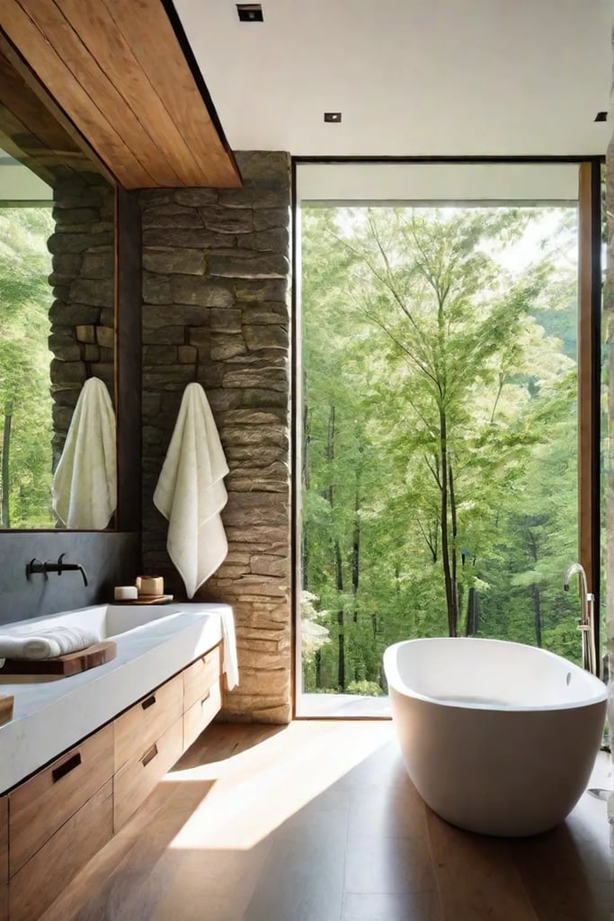 A freestanding bathtub beside a large window in a spalike bathroom