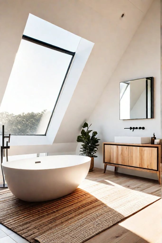 A woven rug adds warmth and texture to a minimalist bathroom with a skylight