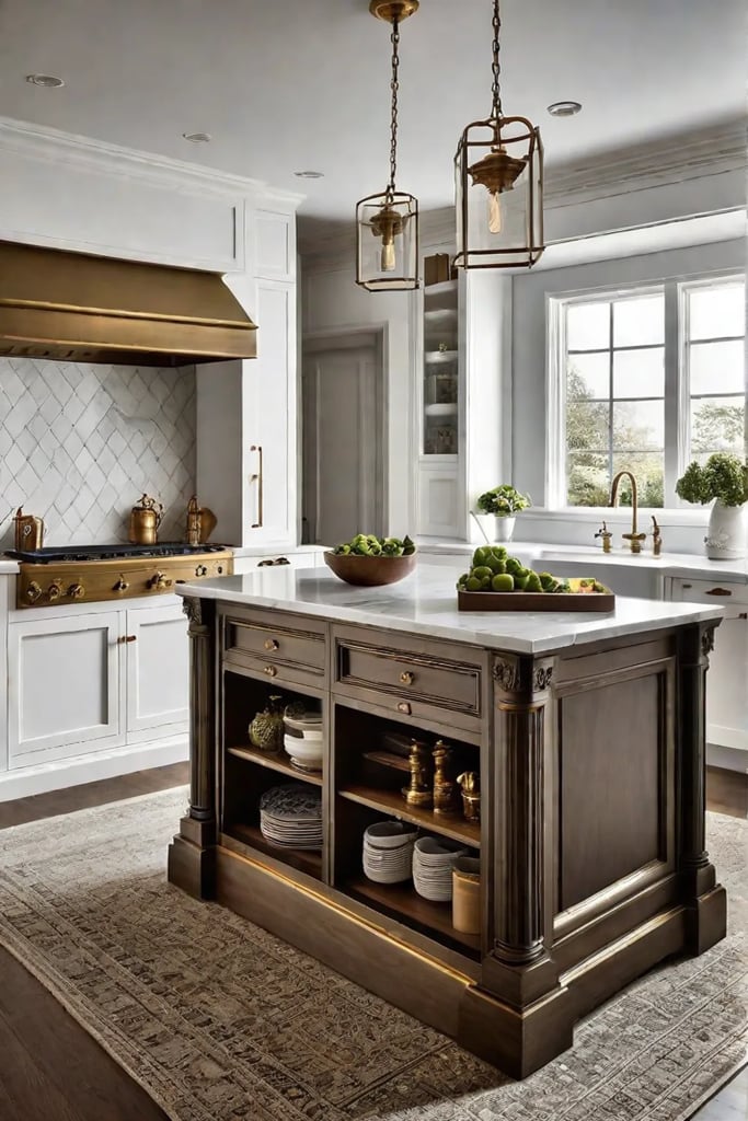 Antique brass hardware and various storage options in an island