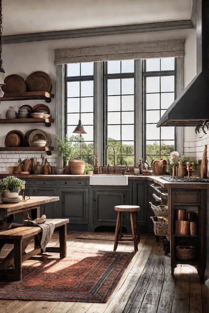 Antique textiles in a farmhouse kitchen