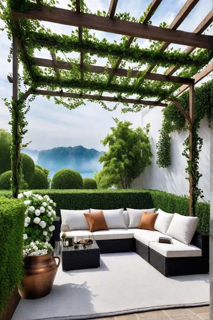 Backyard pergola with climbing plants