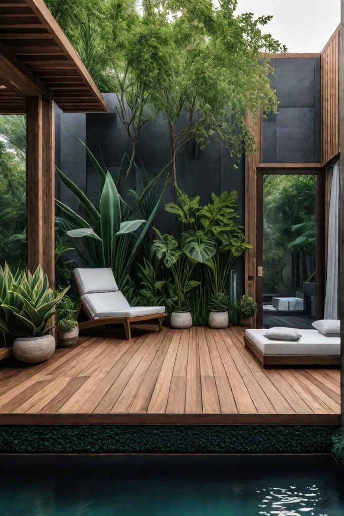 Backyard yoga deck with natural elements