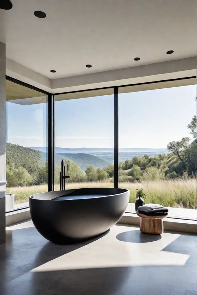 Black fixtures and concrete countertop in a minimalist bathroom