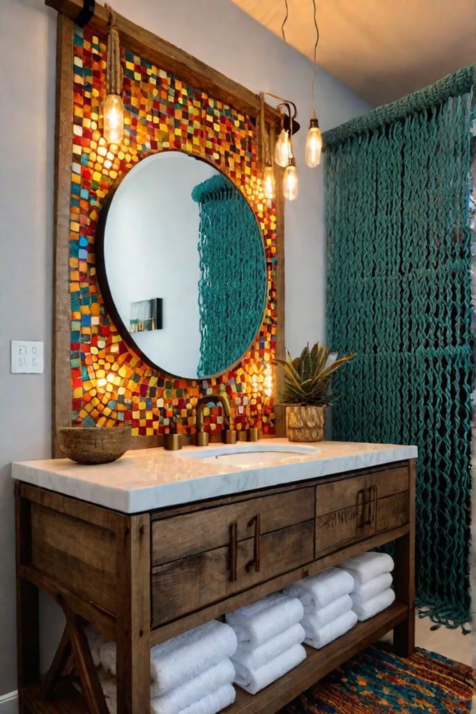 Bohemian bathroom vanity with LED string lights