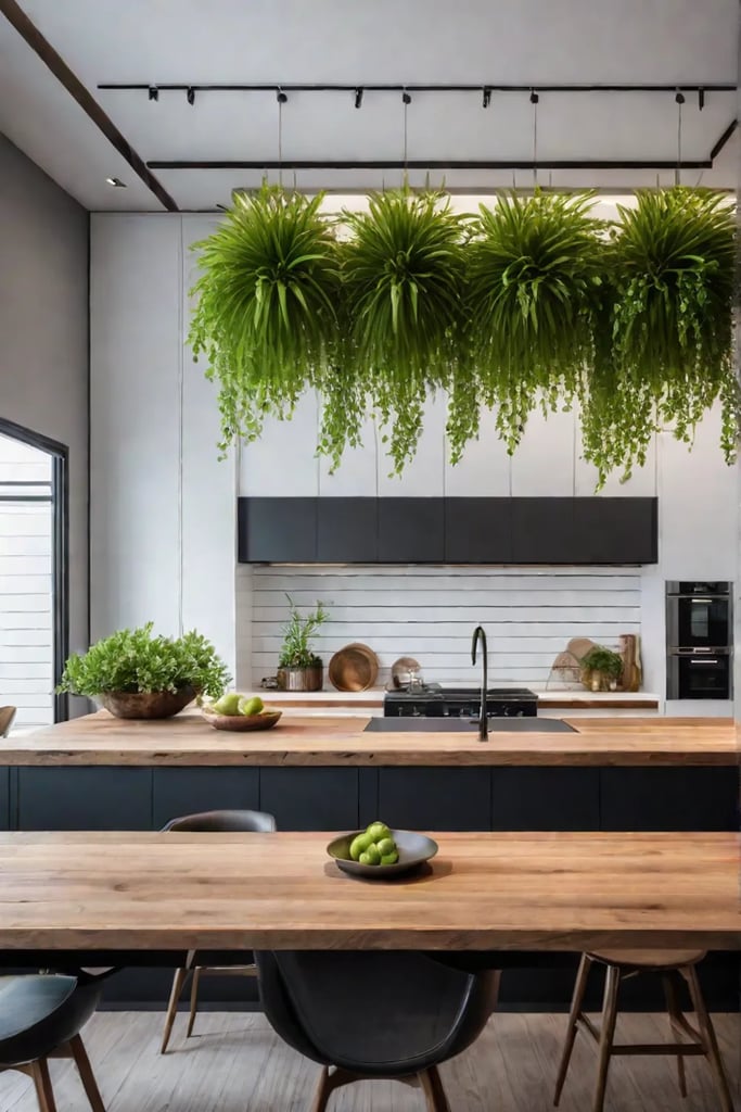 Bohemian kitchen with natural elements and greenery