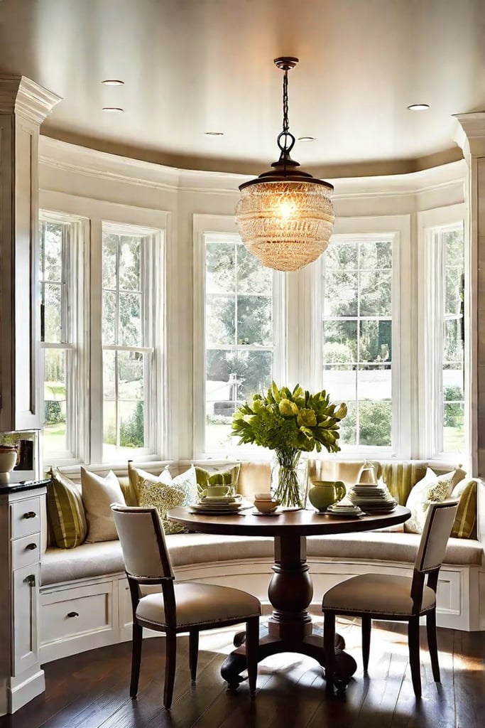 Breakfast nook with glass pendant lights and wooden table