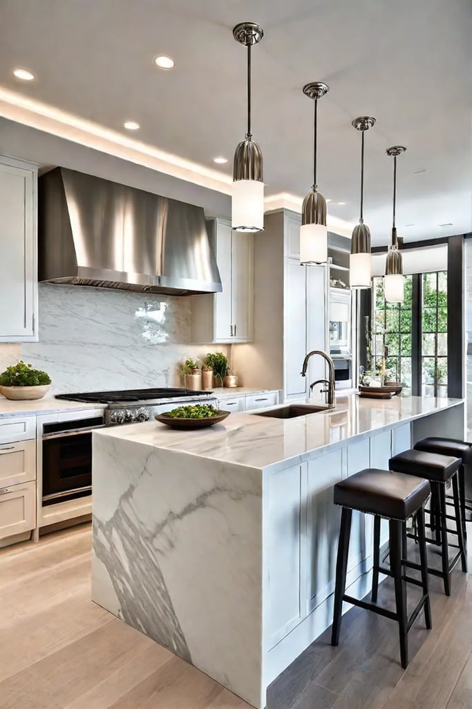 Bright and airy kitchen with layered lighting