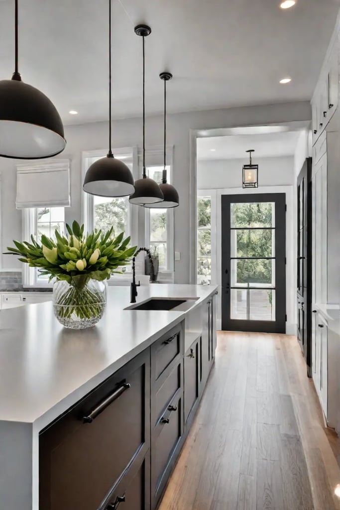 Bright kitchen with open shelving and natural wood flooring