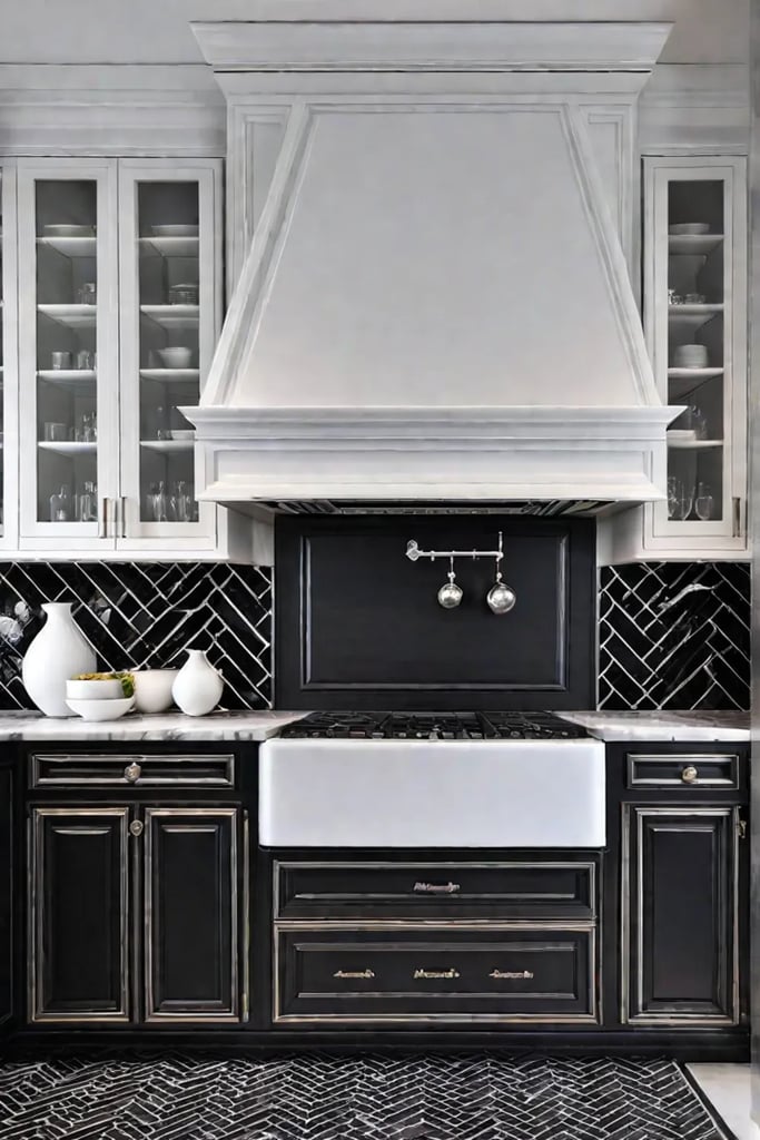 Classic kitchen with marble herringbone backsplash