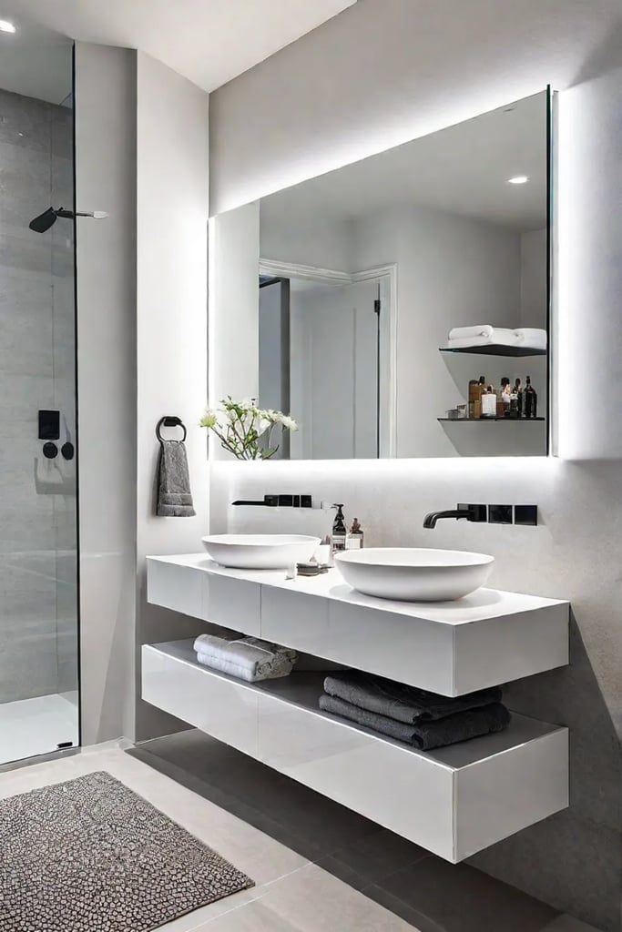 Clean and spacious bathroom with efficient lighting