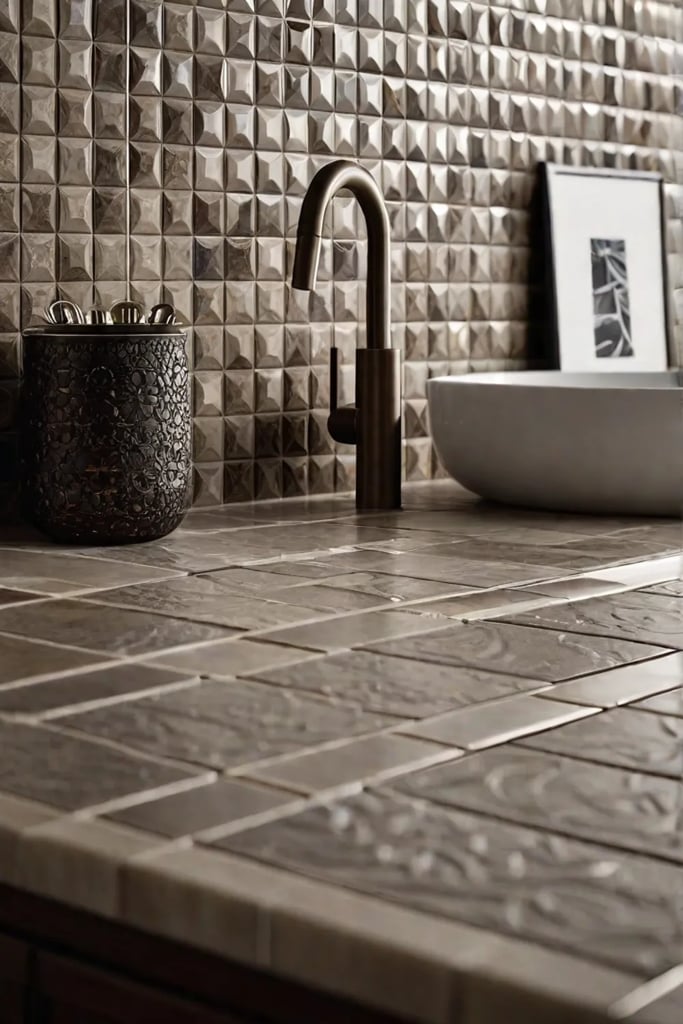 Closeup view of intricate tile work and craftsmanship on a countertop