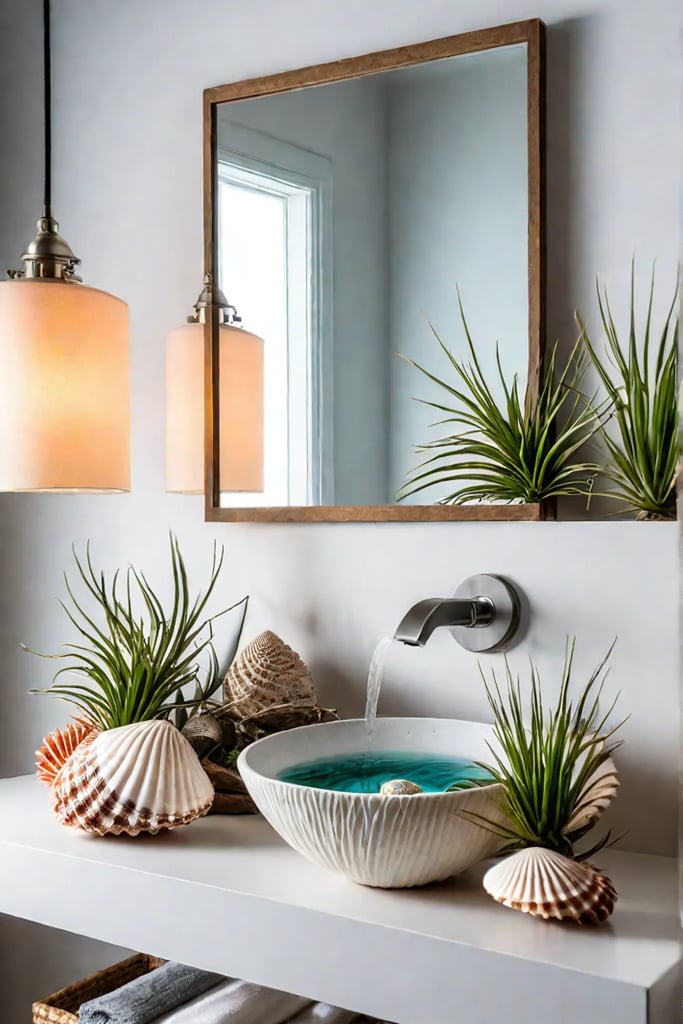 Coastal bathroom decor with air plant in seashell