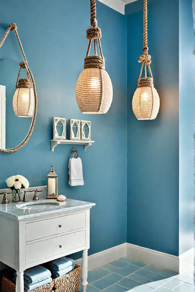 Coastal bathroom with nautical sconces and rope pendant light