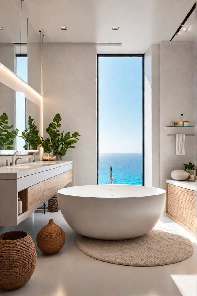 Coastal bathroom with warm seashell hues at sunset