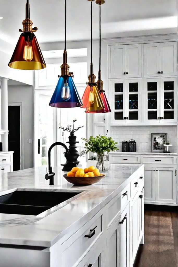 Colorful glass pendant lights in a vibrant kitchen