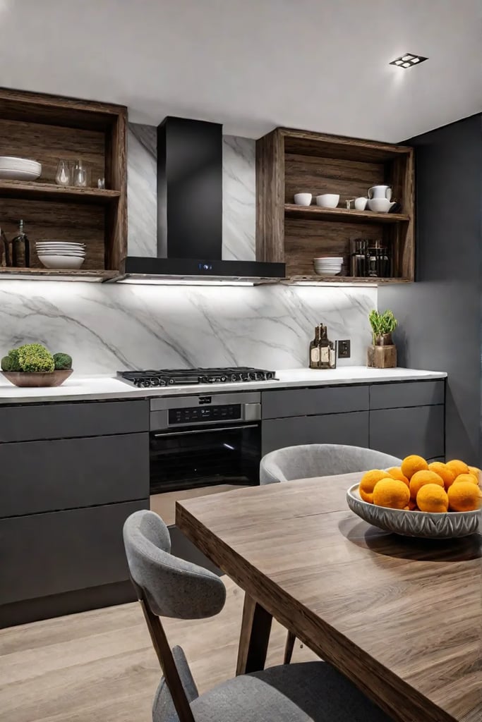 Combining open shelving and upper cabinets for balance