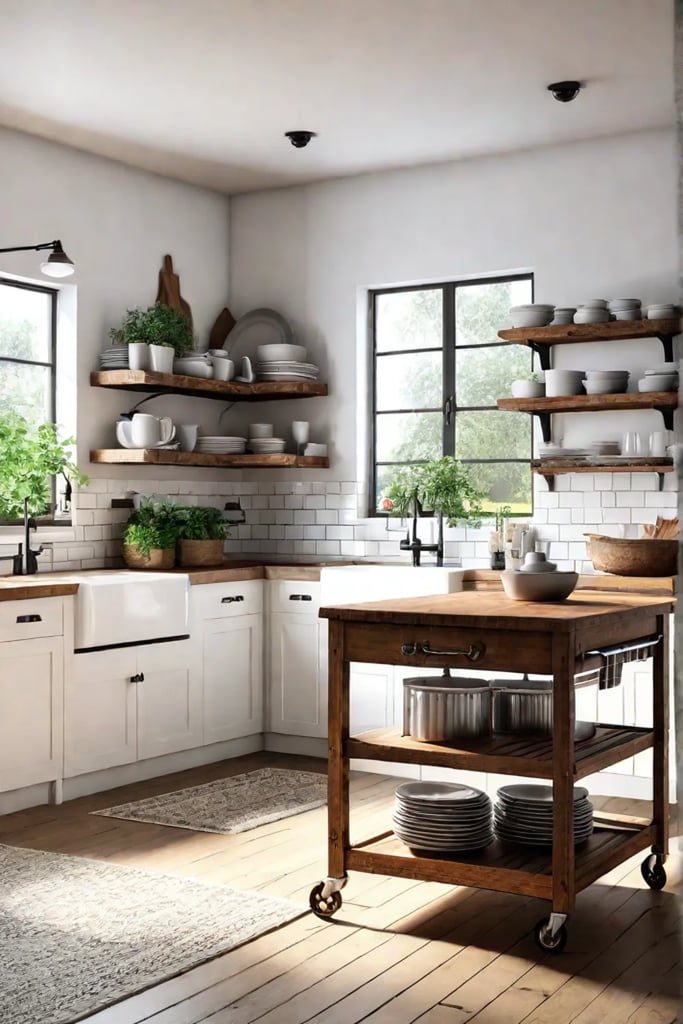 Compact kitchen with a rolling cart for flexibility
