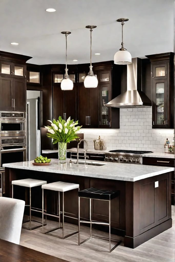 Contrasting walnut wood cabinets with light countertops and backsplash
