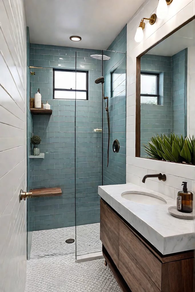 Corner shower with subway tile and rain showerhead