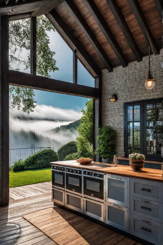 Cottage backyard with outdoor kitchen and dining area