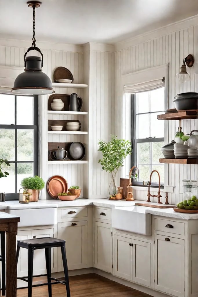Cottage kitchen with beadboard cabinets and butcher block countertops