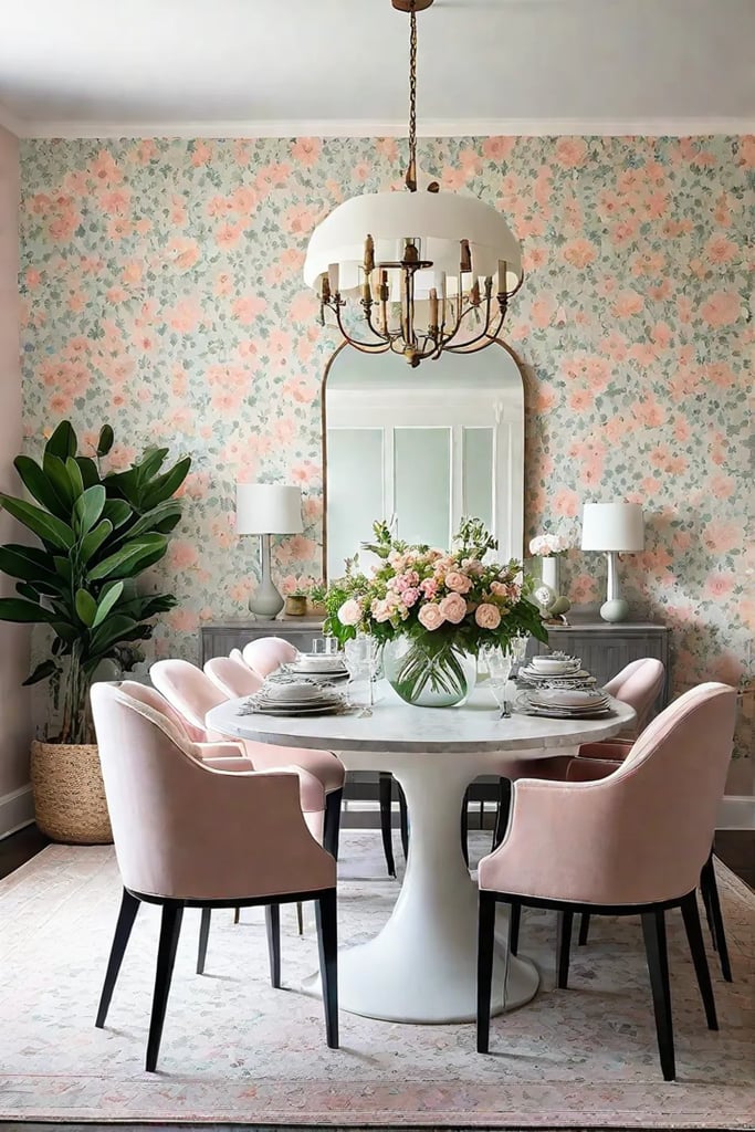 Cozy dining room with smallscale floral wallpaper and farmhouse table