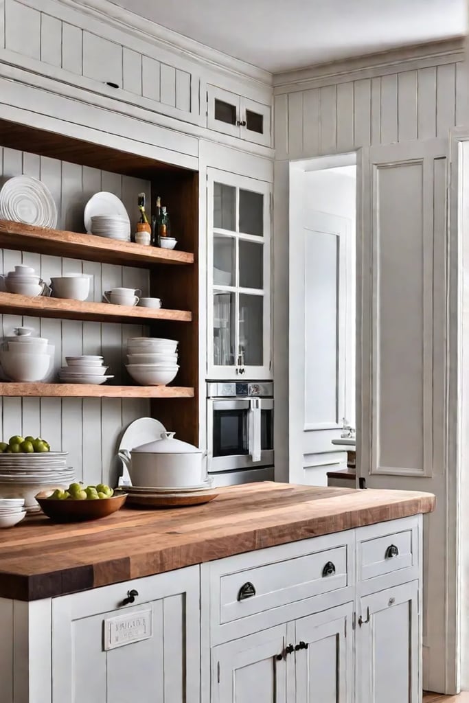 Cozy kitchen design with vintage crockery and copper cookware