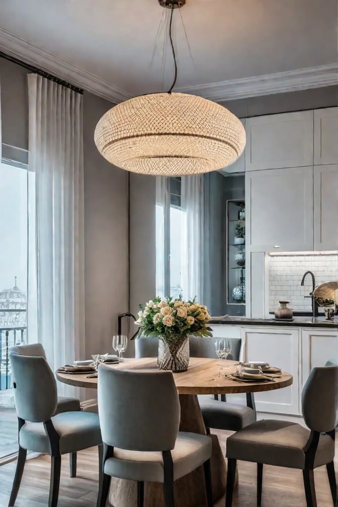 Cozy small kitchen using mirrors and artwork for spatial illusion