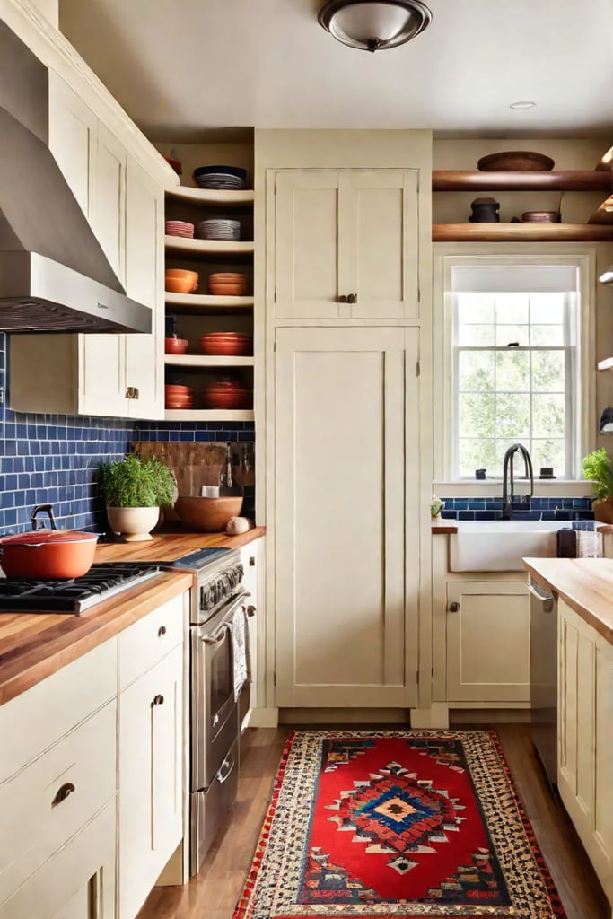 Cream cabinets with butcher block countertop and open shelving