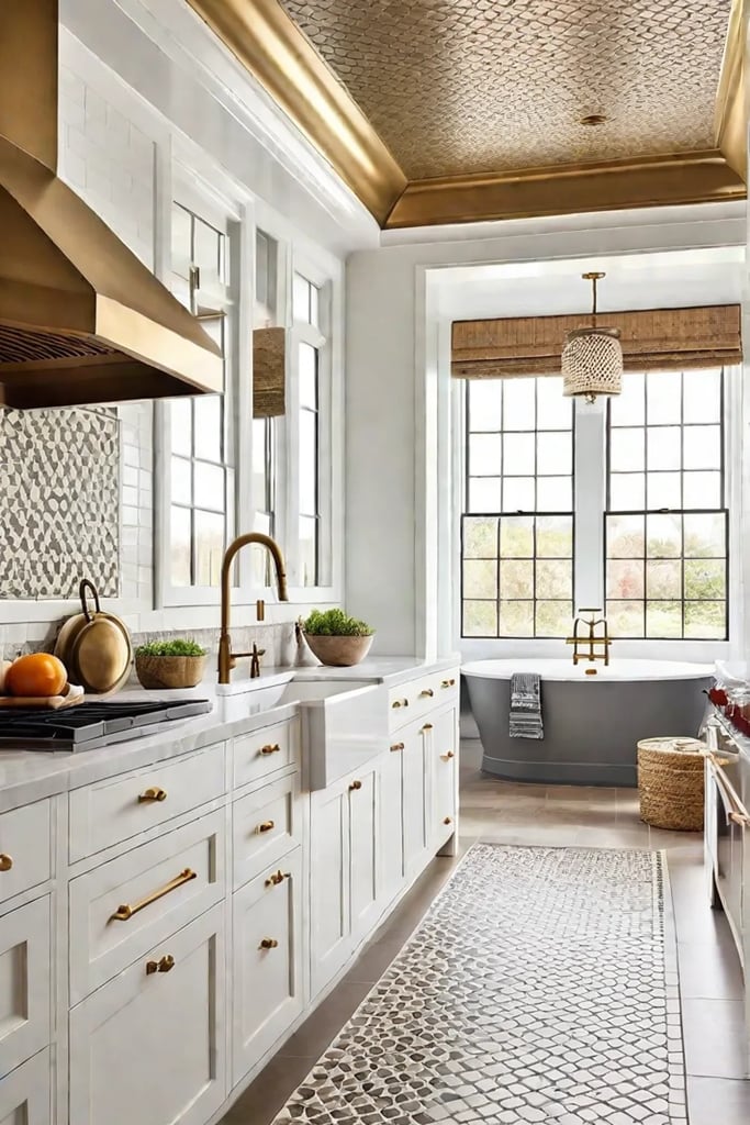 Crown molding and mosaic tile backsplash in a bright kitchen