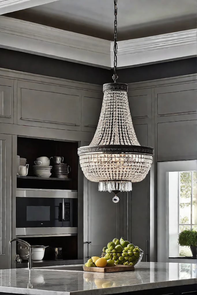 Crystal chandelier above kitchen island