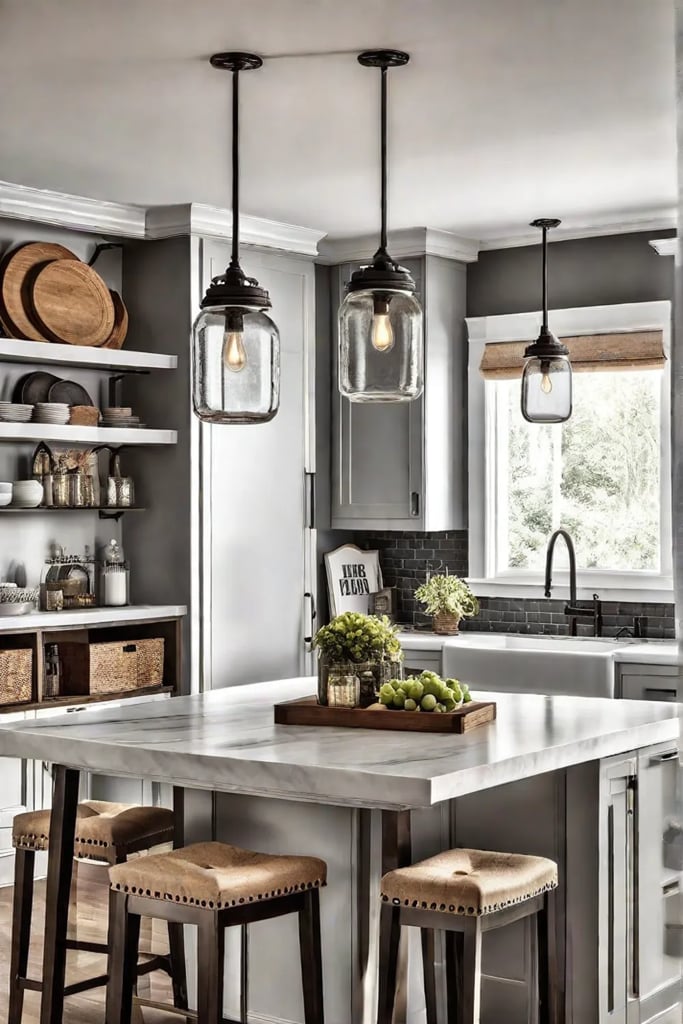 DIY mason jar pendant lights in a farmhouse kitchen