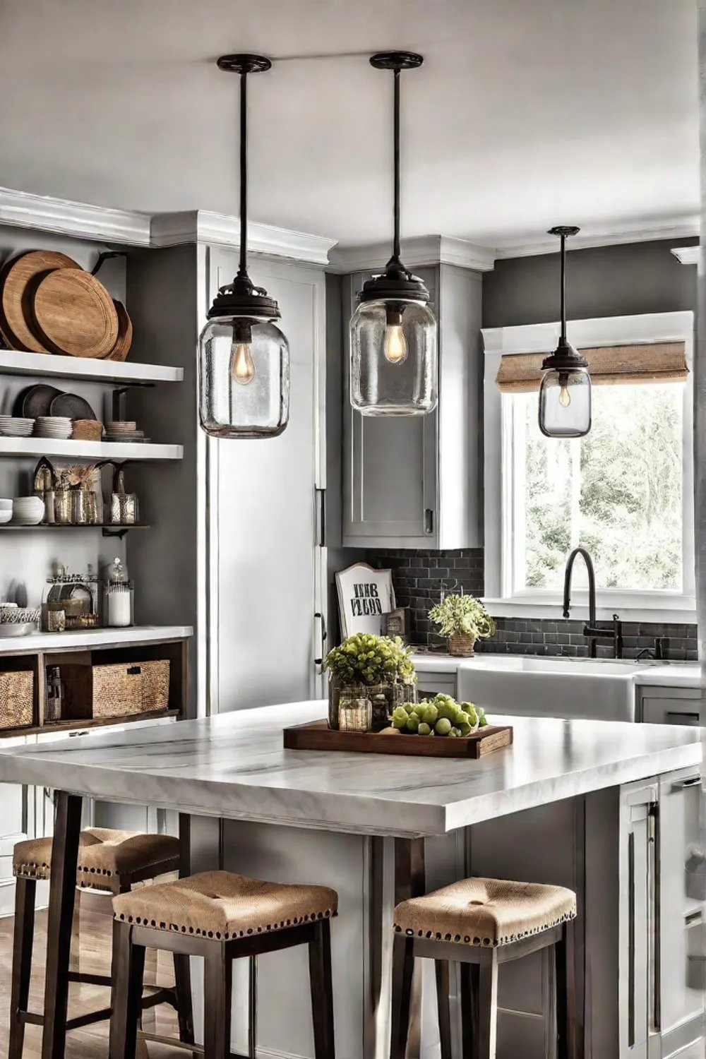 DIY mason jar pendant lights in a farmhouse kitchen