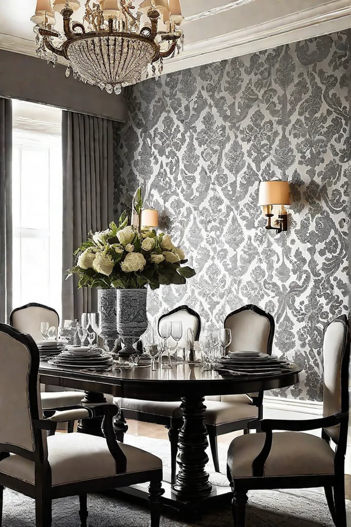 Damask wallpaper with intricate patterns in a dining room