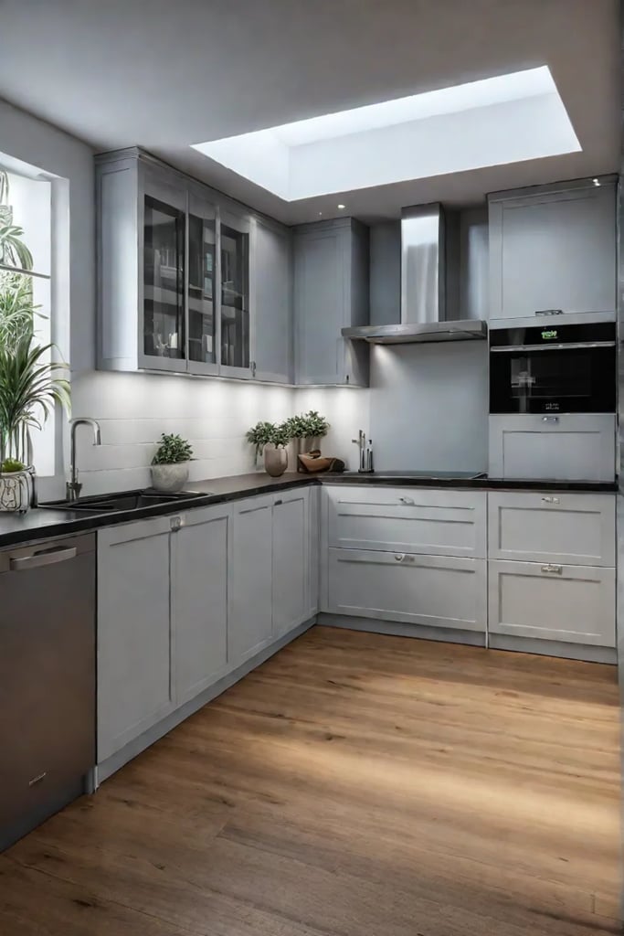 Dimmable recessed lighting creating a flexible mood in a modern kitchen