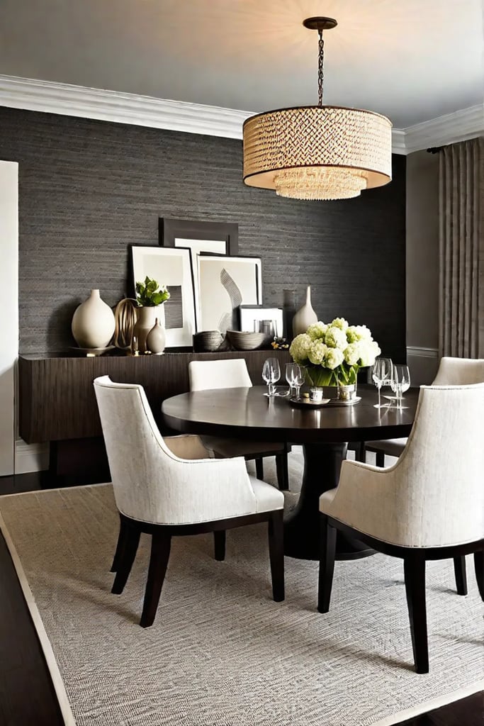 Dining room with balanced textures of grasscloth wallpaper and smooth surfaces