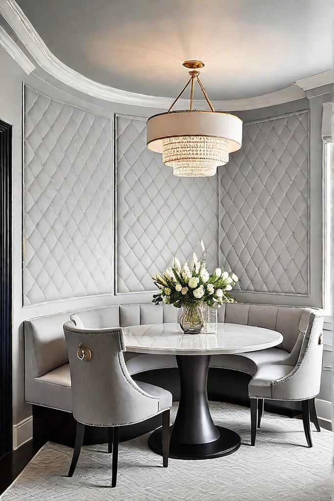 Dining room with banquette and patterned wallpaper