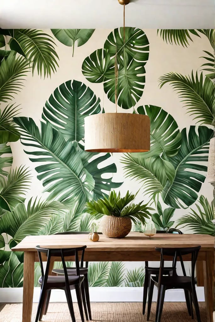 Dining room with botanical removable wallpaper accent wall