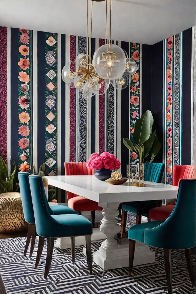 Dining room with unique and playful wallpaper design