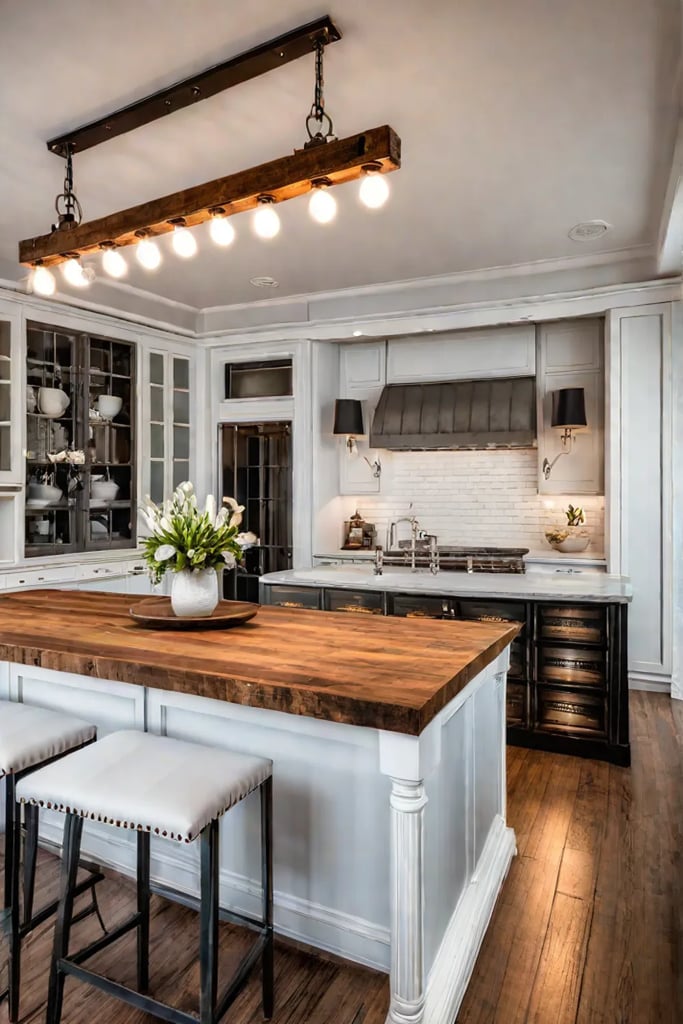 Distressed wood countertop vintage metal stools