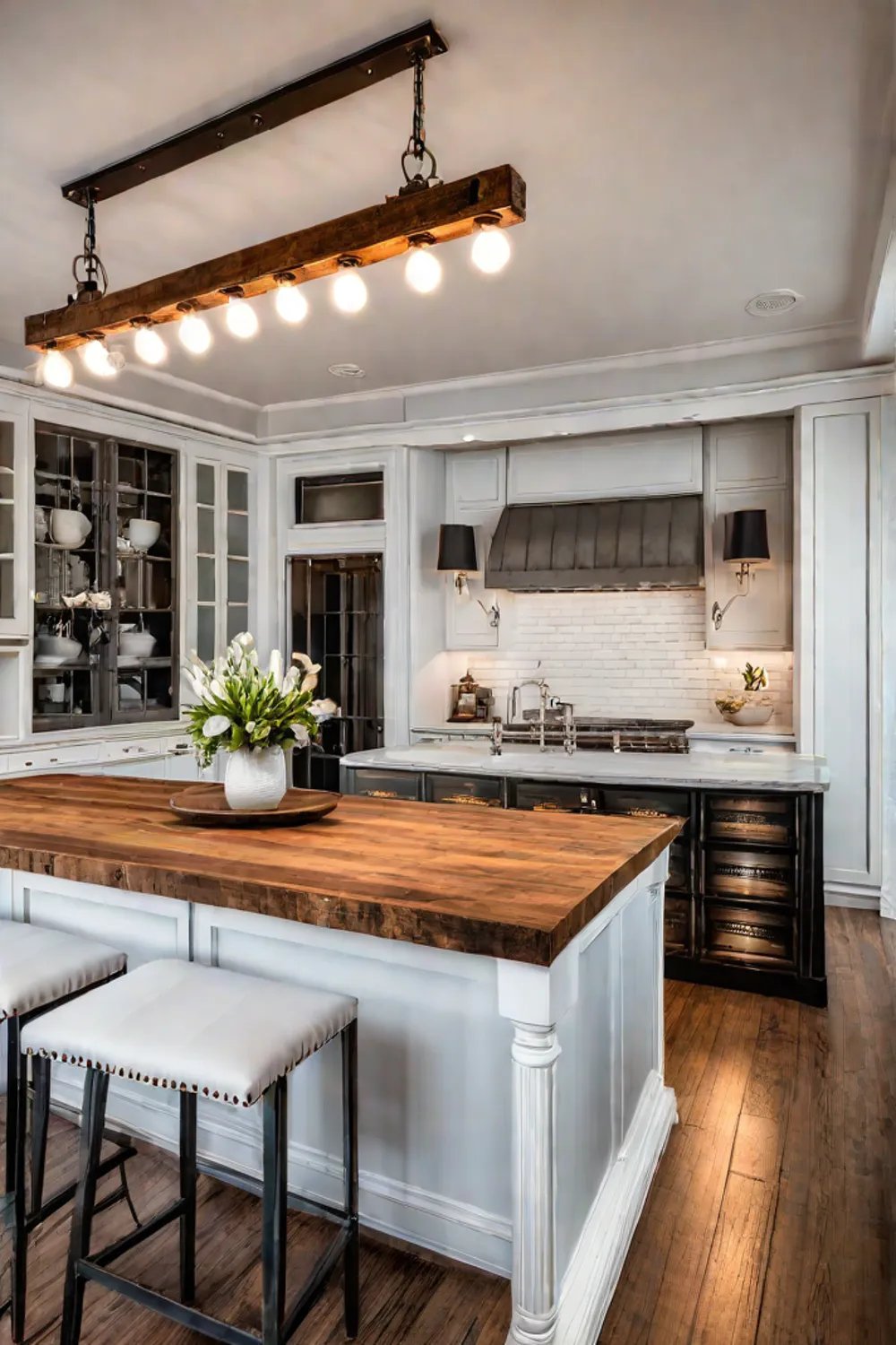 Distressed wood countertop vintage metal stools