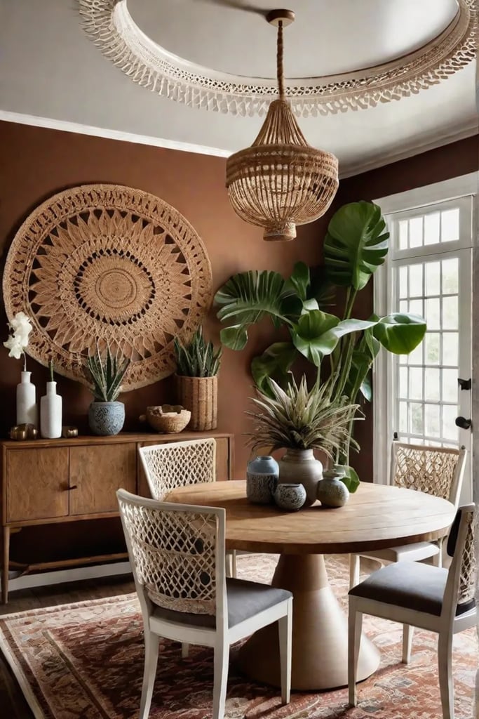 Earthy tones and patterned wallpaper in dining room