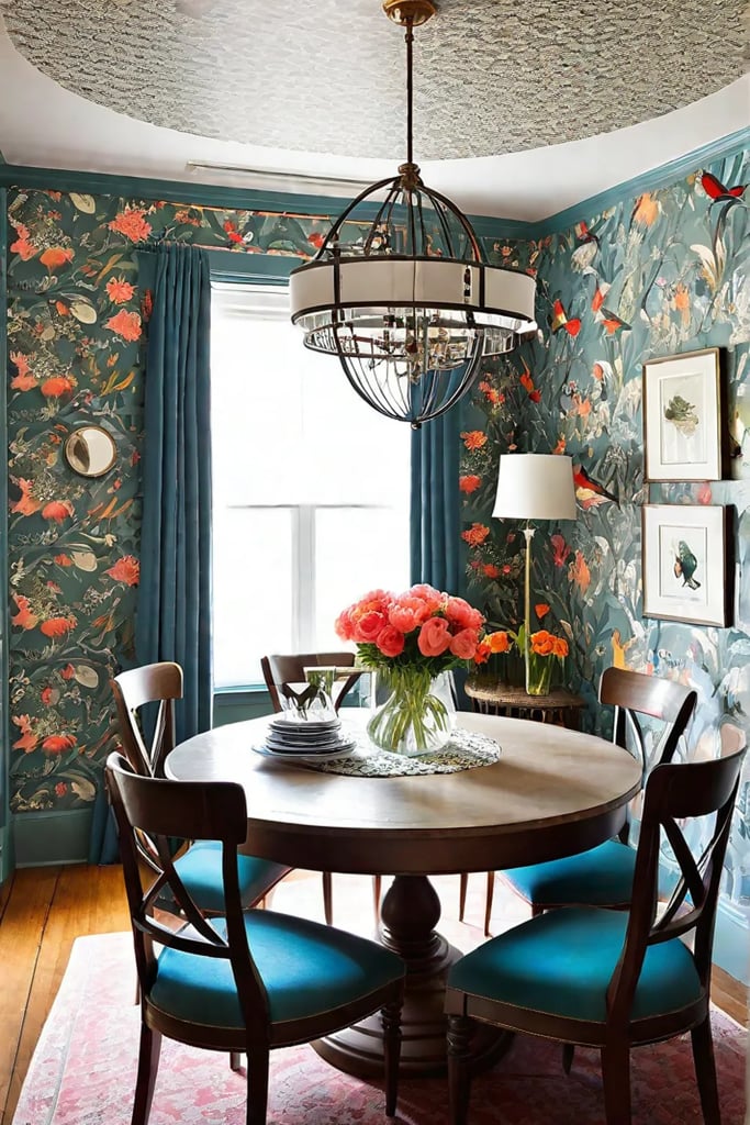 Eclectic dining room with patterned wallpaper