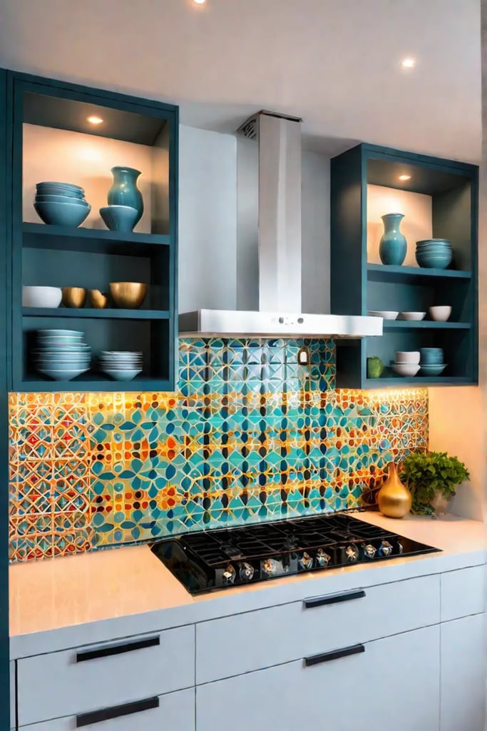 Eclectic small kitchen with colorful open shelves and captivating artwork