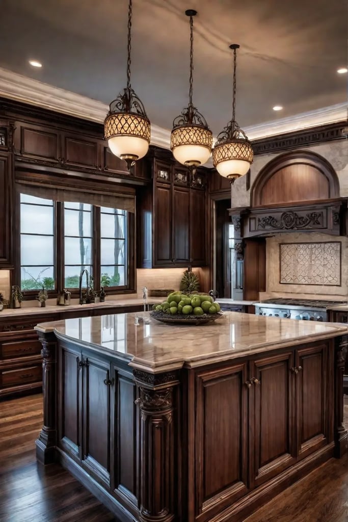 Elegant kitchen design with marble island and warm lighting